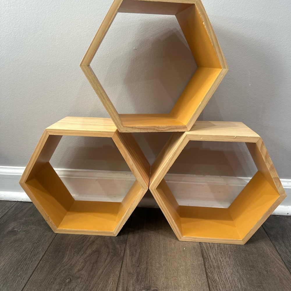 Hexagonal Wooden Wall Shelves - Natural and Yellow